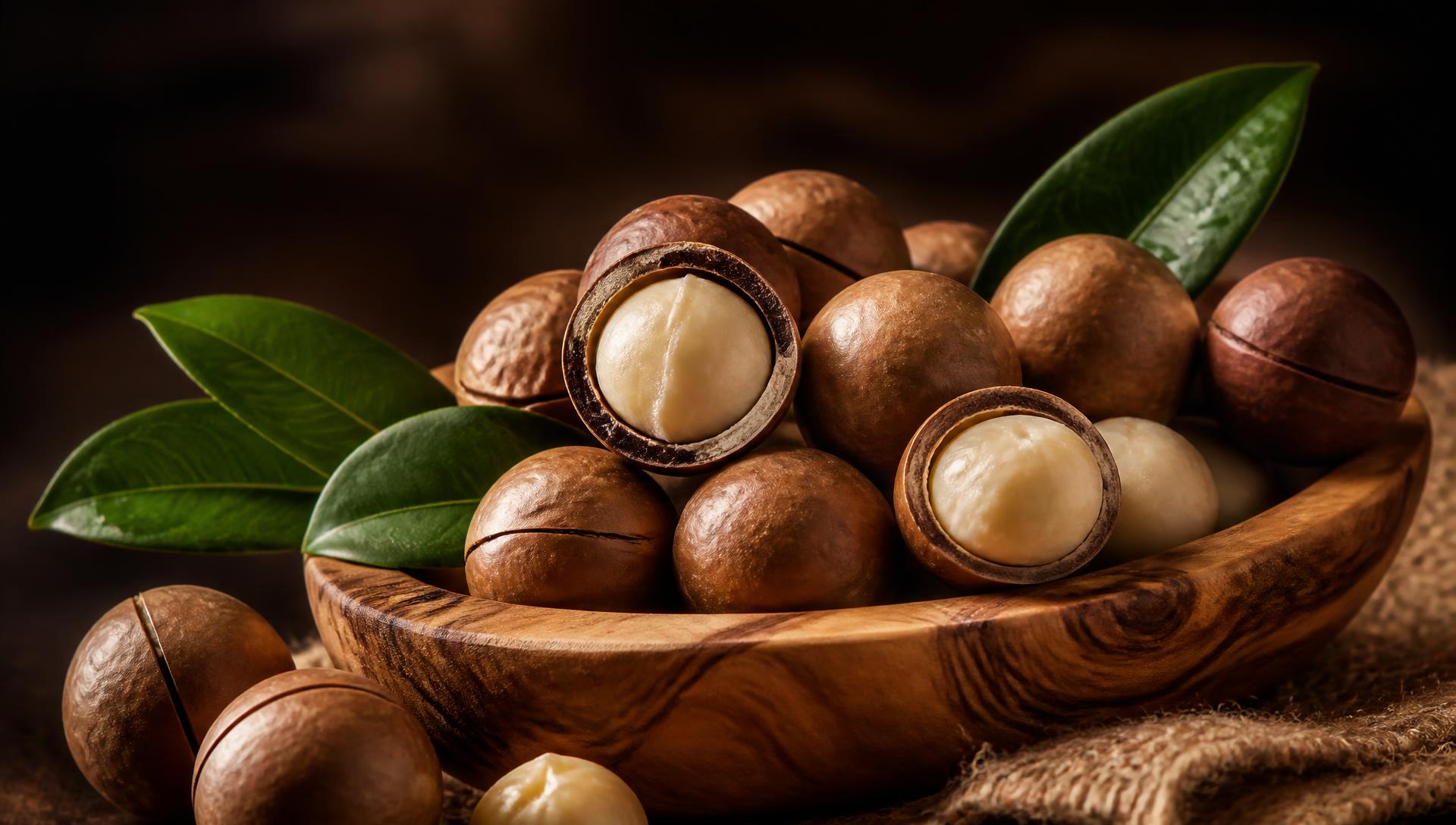 Premium macadamia nuts in a wooden bowl with fresh green leaves
